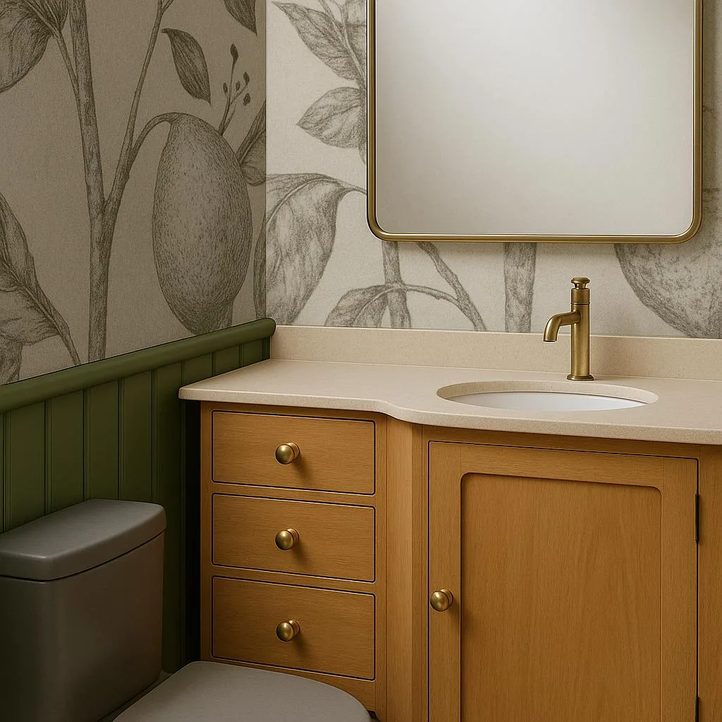 Lavabo com parede ilustrada, bancada de madeira e detalhes verdes
